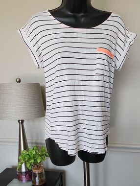 Papermoon White Black Striped Short Sleeve Tee with Coral Pocket